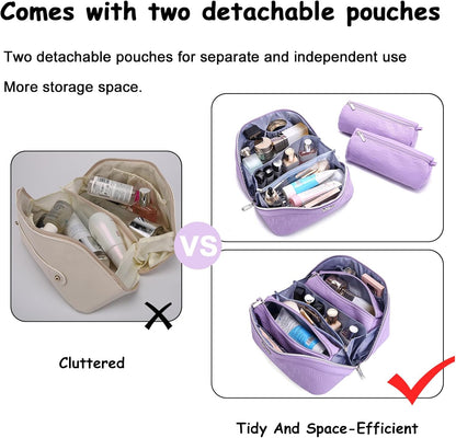 Travel Makeup Bag for Women: Large Cosmetic Bag Set of 3 - PU Leather Make up Bag with Compartments - Compact Waterproof Toiletry Bag with Divider & Handle (D-4-Red) - Colors A