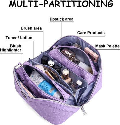 Travel Makeup Bag for Women: Large Cosmetic Bag Set of 3 - PU Leather Make up Bag with Compartments - Compact Waterproof Toiletry Bag with Divider & Handle (D-4-Red) - Colors A