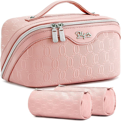 Travel Makeup Bag for Women: Large Cosmetic Bag Set of 3 - PU Leather Make up Bag with Compartments - Compact Waterproof Toiletry Bag with Divider & Handle (D-4-Red) - Colors A
