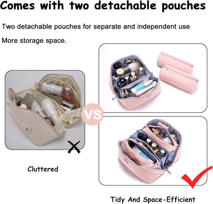 Travel Makeup Bag for Women: Large Cosmetic Bag Set of 3 - PU Leather Make up Bag with Compartments - Compact Waterproof Toiletry Bag with Divider & Handle (D-4-Red) - Colors A