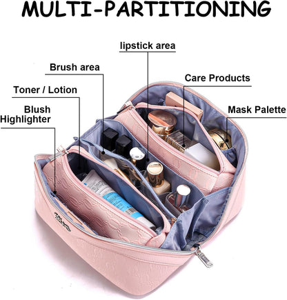 Travel Makeup Bag for Women: Large Cosmetic Bag Set of 3 - PU Leather Make up Bag with Compartments - Compact Waterproof Toiletry Bag with Divider & Handle (D-4-Red) - Colors A
