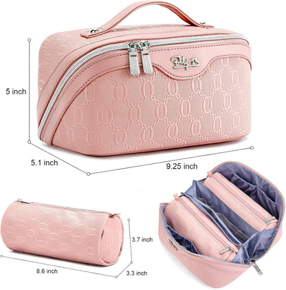 Travel Makeup Bag for Women: Large Cosmetic Bag Set of 3 - PU Leather Make up Bag with Compartments - Compact Waterproof Toiletry Bag with Divider & Handle (D-4-Red) - Colors A