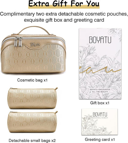 Travel Makeup Bag for Women: Large Cosmetic Bag Set of 3 - PU Leather Make up Bag with Compartments - Compact Waterproof Toiletry Bag with Divider & Handle (D-4-Red) - Colors A