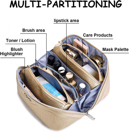 Travel Makeup Bag for Women: Large Cosmetic Bag Set of 3 - PU Leather Make up Bag with Compartments - Compact Waterproof Toiletry Bag with Divider & Handle (D-4-Red) - Colors A