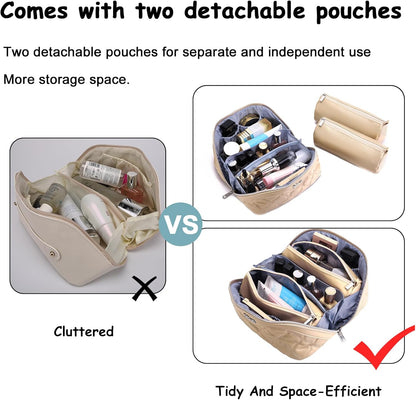 Travel Makeup Bag for Women: Large Cosmetic Bag Set of 3 - PU Leather Make up Bag with Compartments - Compact Waterproof Toiletry Bag with Divider & Handle (D-4-Red) - Colors A