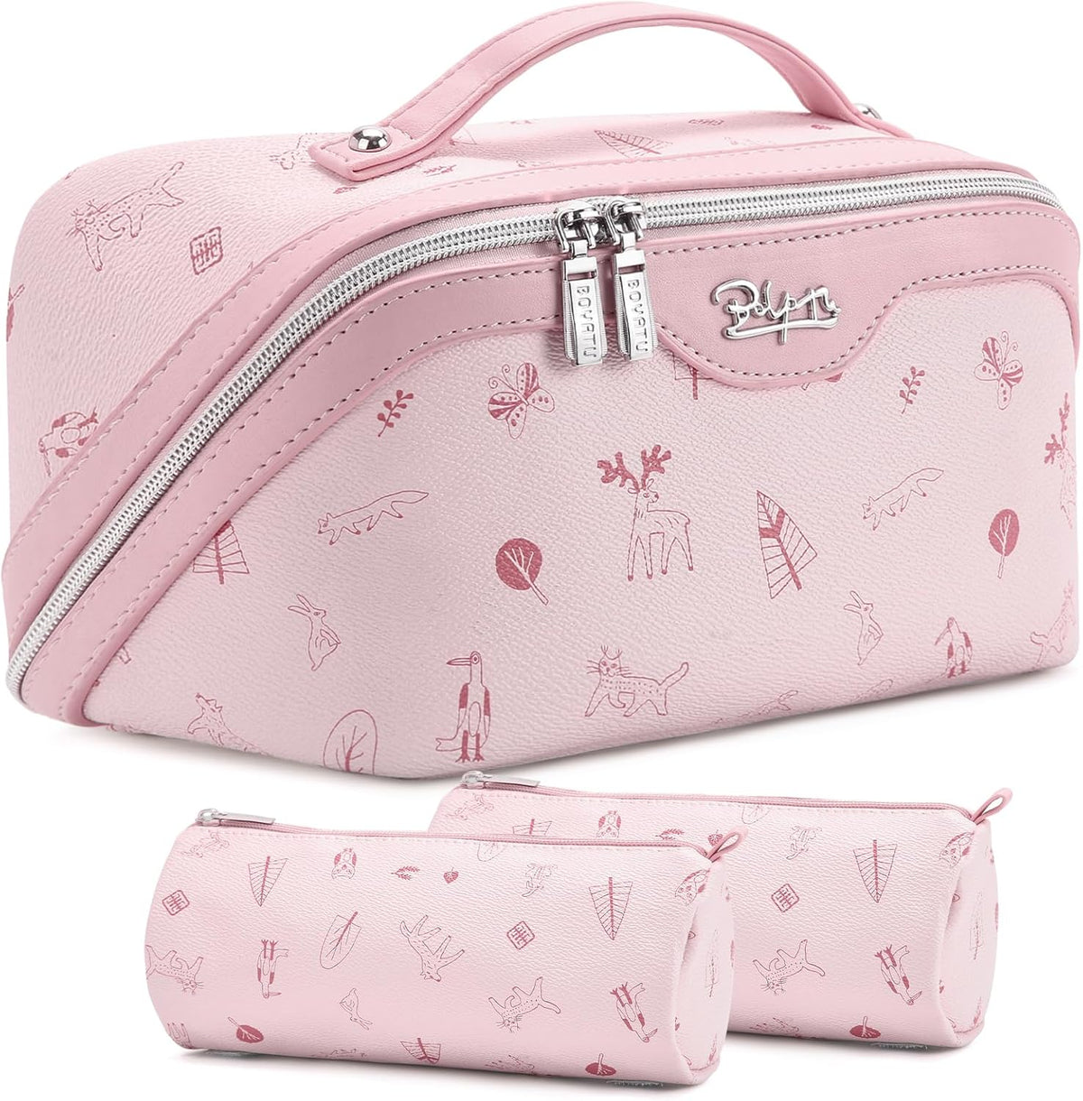 Travel Makeup Bag for Women: Large Cosmetic Bag Set of 3 - PU Leather Make up Bag with Compartments - Compact Waterproof Toiletry Bag with Divider & Handle (D-4-Red) - Colors A