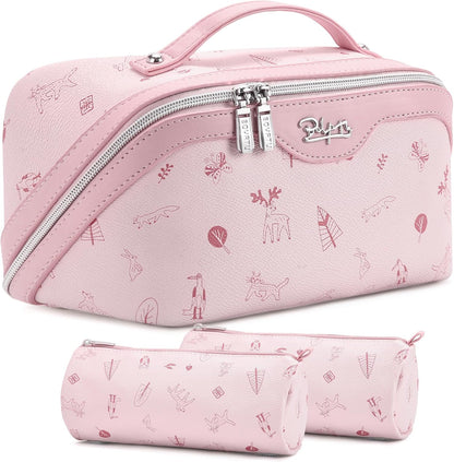 Travel Makeup Bag for Women: Large Cosmetic Bag Set of 3 - PU Leather Make up Bag with Compartments - Compact Waterproof Toiletry Bag with Divider & Handle (D-4-Red) - Colors A