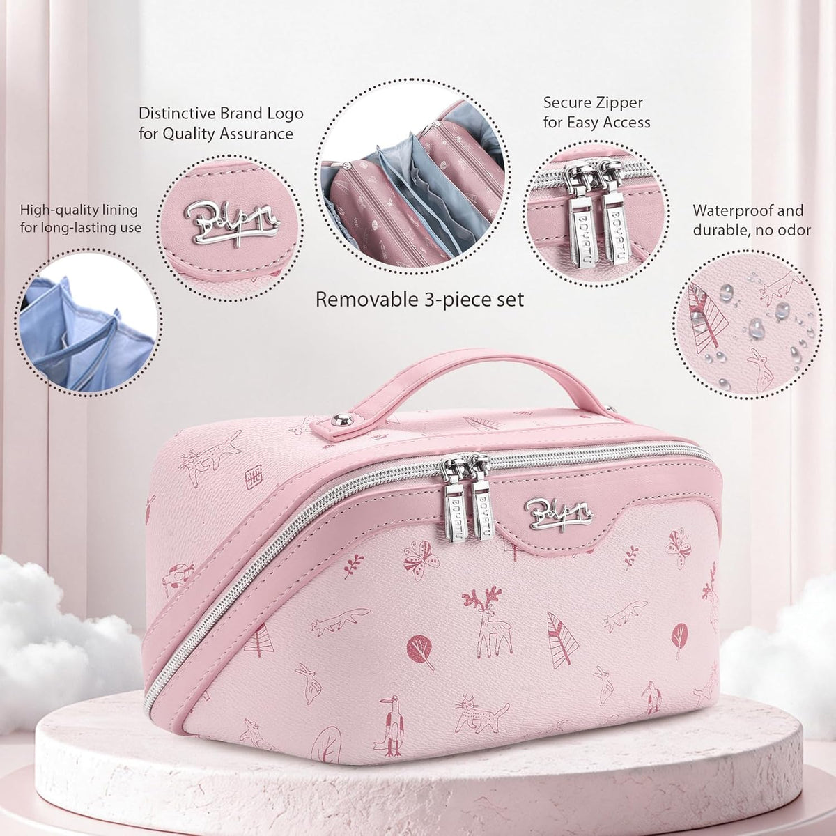 Travel Makeup Bag for Women: Large Cosmetic Bag Set of 3 - PU Leather Make up Bag with Compartments - Compact Waterproof Toiletry Bag with Divider & Handle (D-4-Red) - Colors A