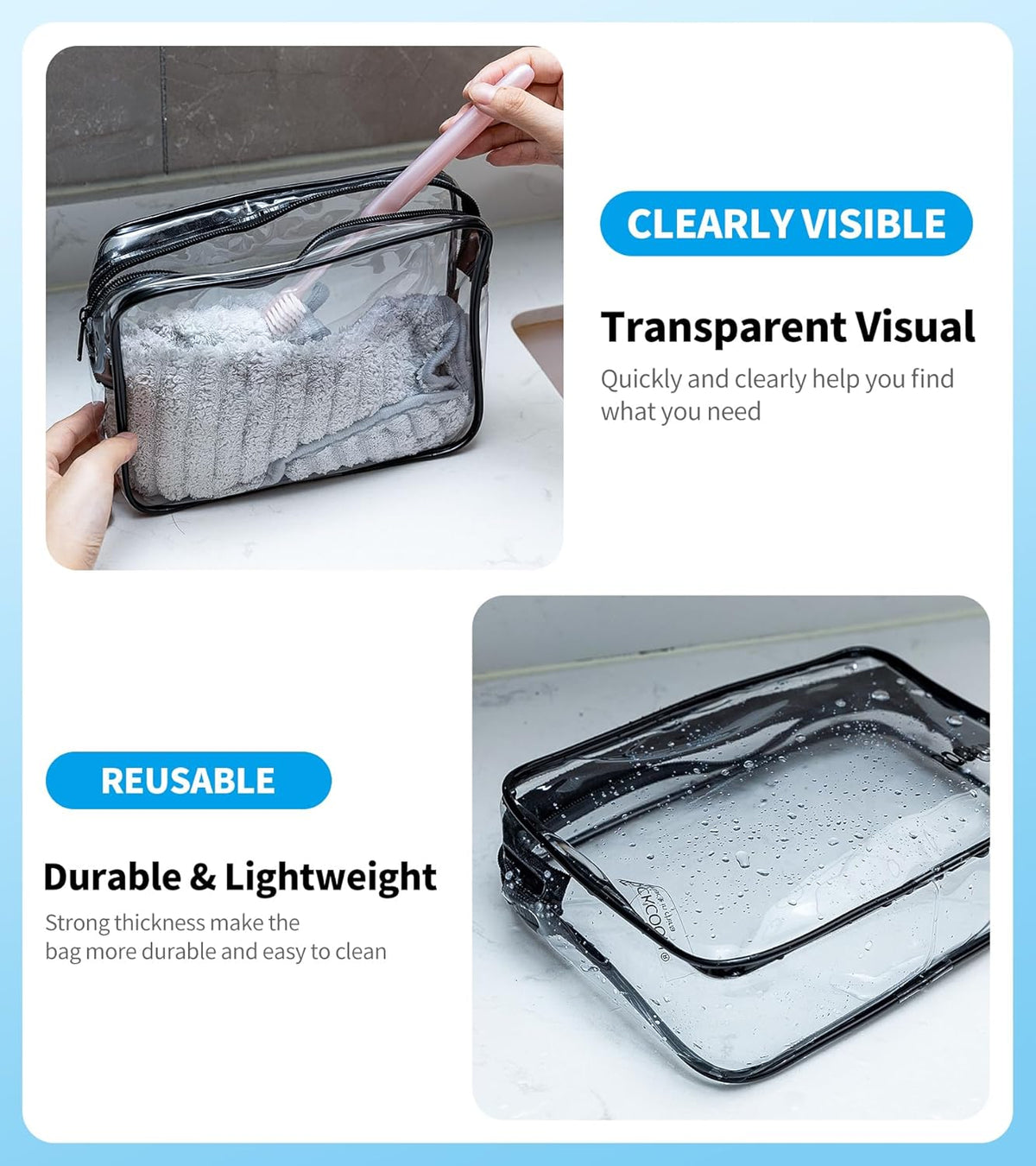 Clear Travel Toiletry Bag, TSA Approved Organizer Portable Travel Makeup Pouch with Zipper, PVC Cosmetic for Airport Airline Compliant Bag 2 Pack