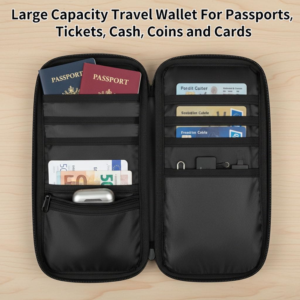 RFID Blocking Family Passport Holder Wallet for Travel, Large Capacity Travel Document Organizer with Zipper, Fabric Passport Wallet for Multiple Passports, Cards & IDs, Cute Highland Cow