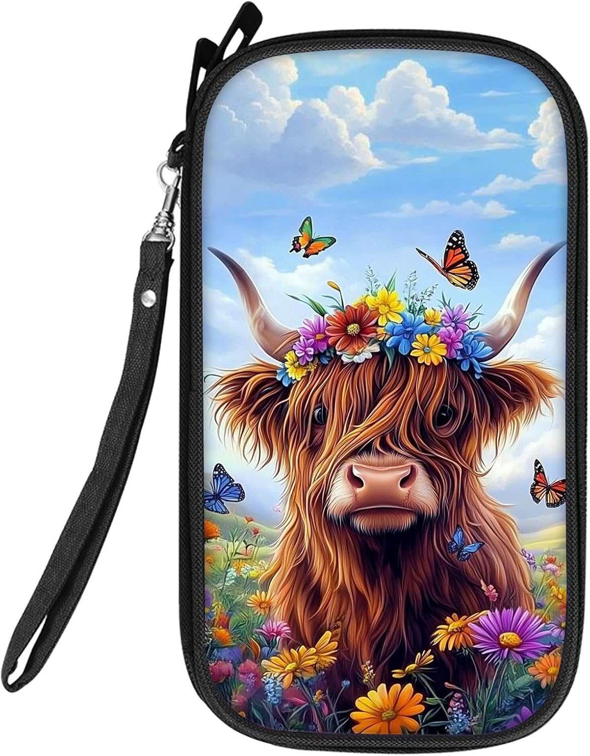 RFID Blocking Family Passport Holder Wallet for Travel, Large Capacity Travel Document Organizer with Zipper, Fabric Passport Wallet for Multiple Passports, Cards & IDs, Cute Highland Cow