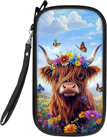 RFID Blocking Family Passport Holder Wallet for Travel, Large Capacity Travel Document Organizer with Zipper, Fabric Passport Wallet for Multiple Passports, Cards & IDs, Cute Highland Cow