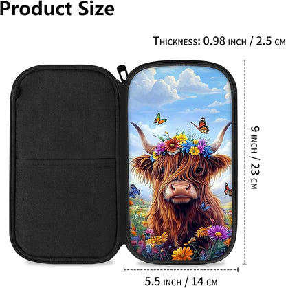 RFID Blocking Family Passport Holder Wallet for Travel, Large Capacity Travel Document Organizer with Zipper, Fabric Passport Wallet for Multiple Passports, Cards & IDs, Cute Highland Cow