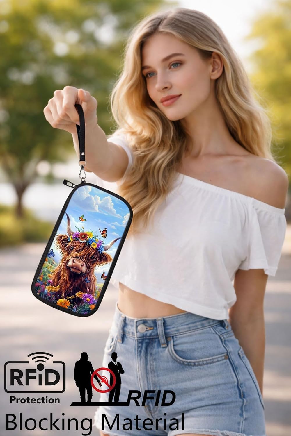 RFID Blocking Family Passport Holder Wallet for Travel, Large Capacity Travel Document Organizer with Zipper, Fabric Passport Wallet for Multiple Passports, Cards & IDs, Cute Highland Cow