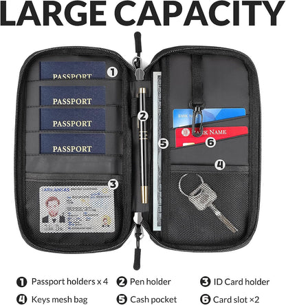 Men Passport Wallet, Family Travel Document Organizer, Business Travel Organizer with RFID Blocking, Family Passport Holder for Men Women Gift, Waterproof Passport Bag Cover for Women Men Gift - Black