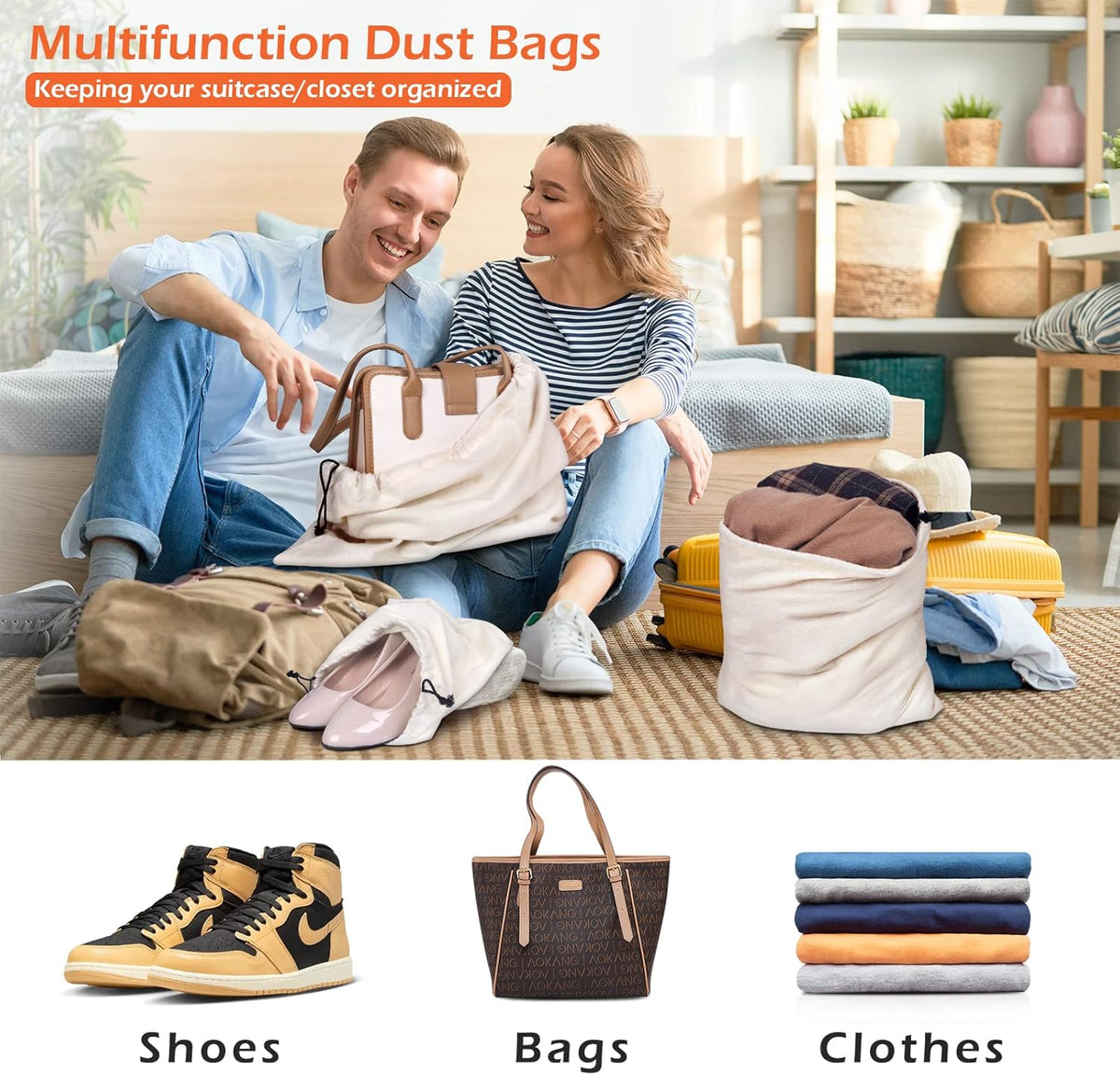 Set of 3 Cotton Breathable Dust-proof Drawstring Storage Pouch Multi-functional Bag. Pack 3 S