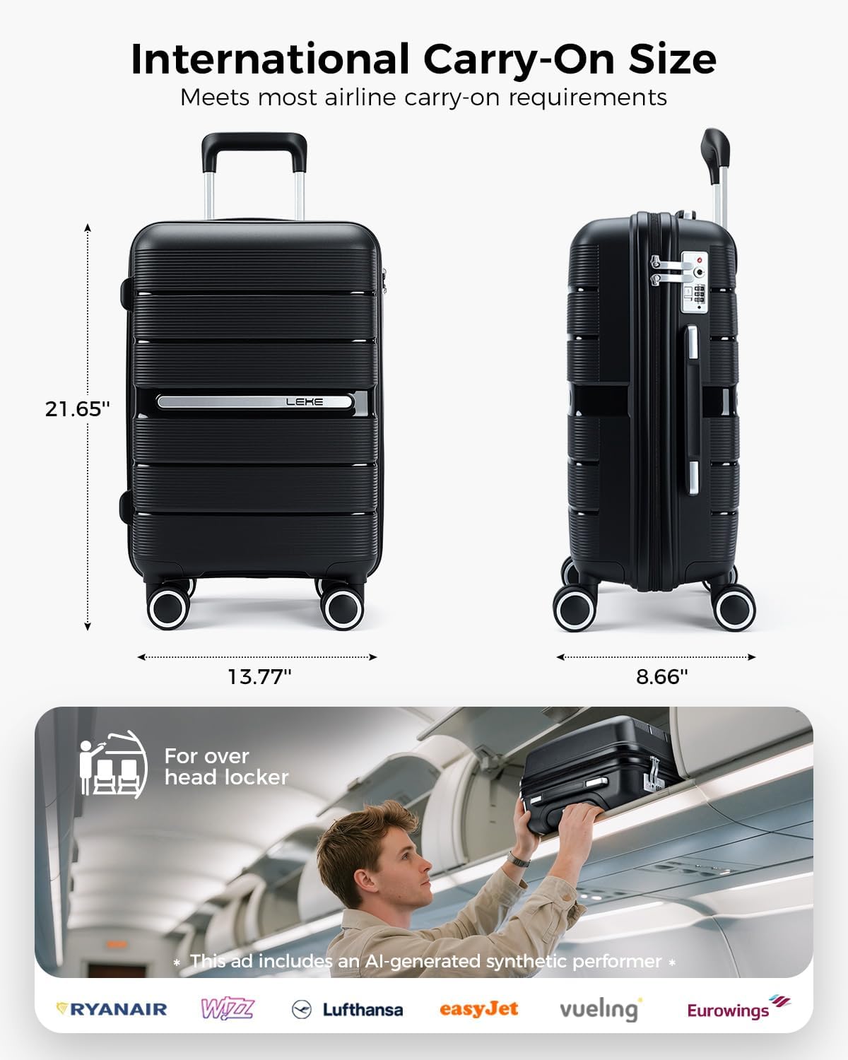 20 Inch Carry-on Luggage with Spinner Wheels, Hard Shell Suitcase with TSA Lock, Airline Approved, Rolling Suit Case for Travel Weekend Trips, Black Color