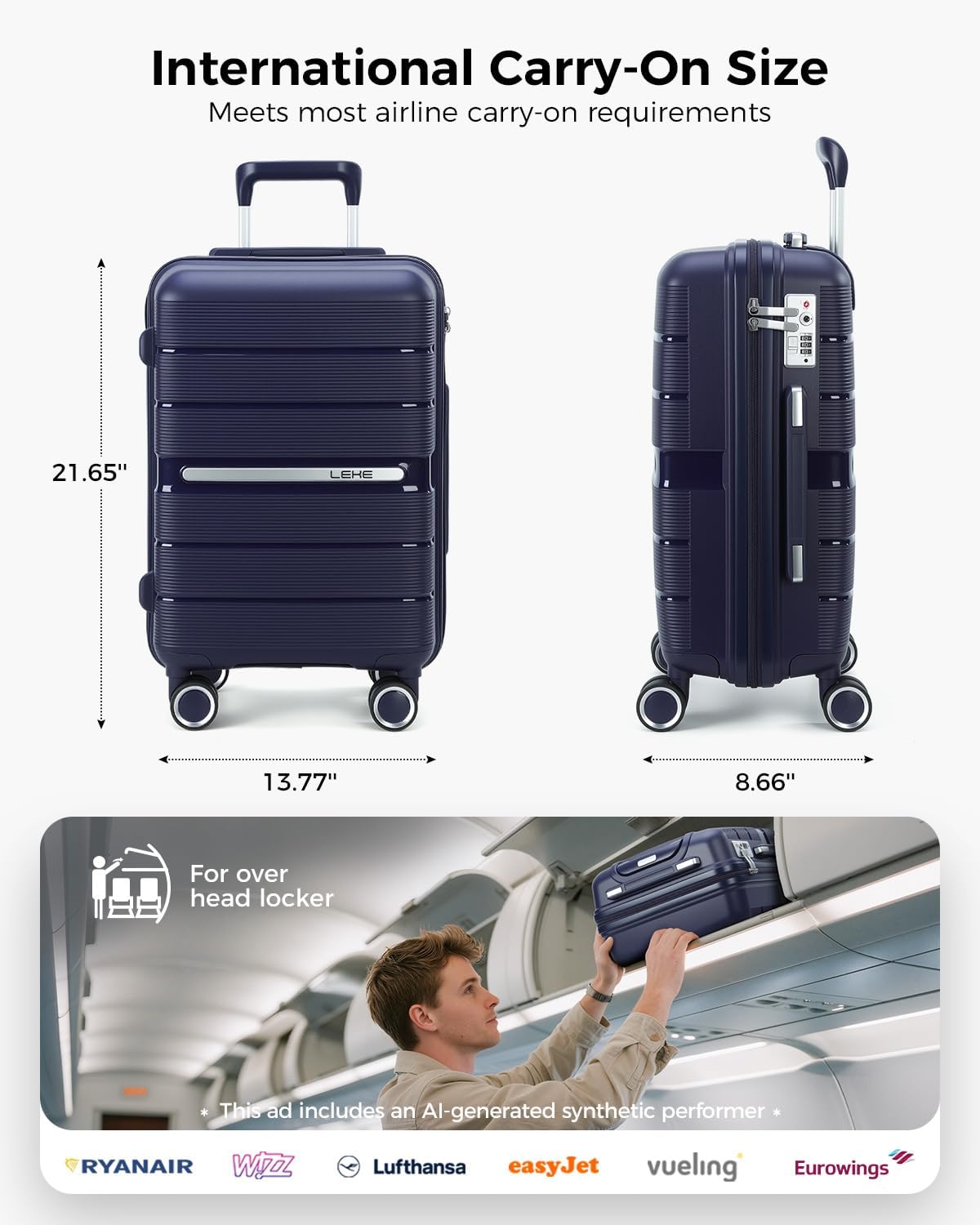 20 Inch Carry-on Luggage with Spinner Wheels, Hard Shell Suitcase with TSA Lock, Airline Approved, Rolling Suit Case for Travel Weekend Trips, Black Color