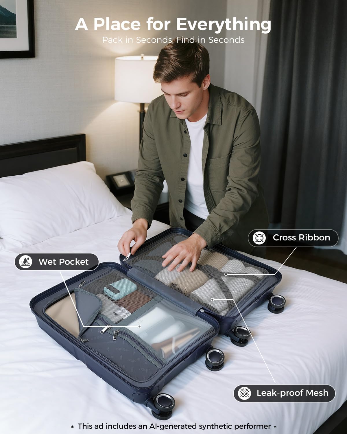 20 Inch Carry-on Luggage with Spinner Wheels, Hard Shell Suitcase with TSA Lock, Airline Approved, Rolling Suit Case for Travel Weekend Trips, Black Color