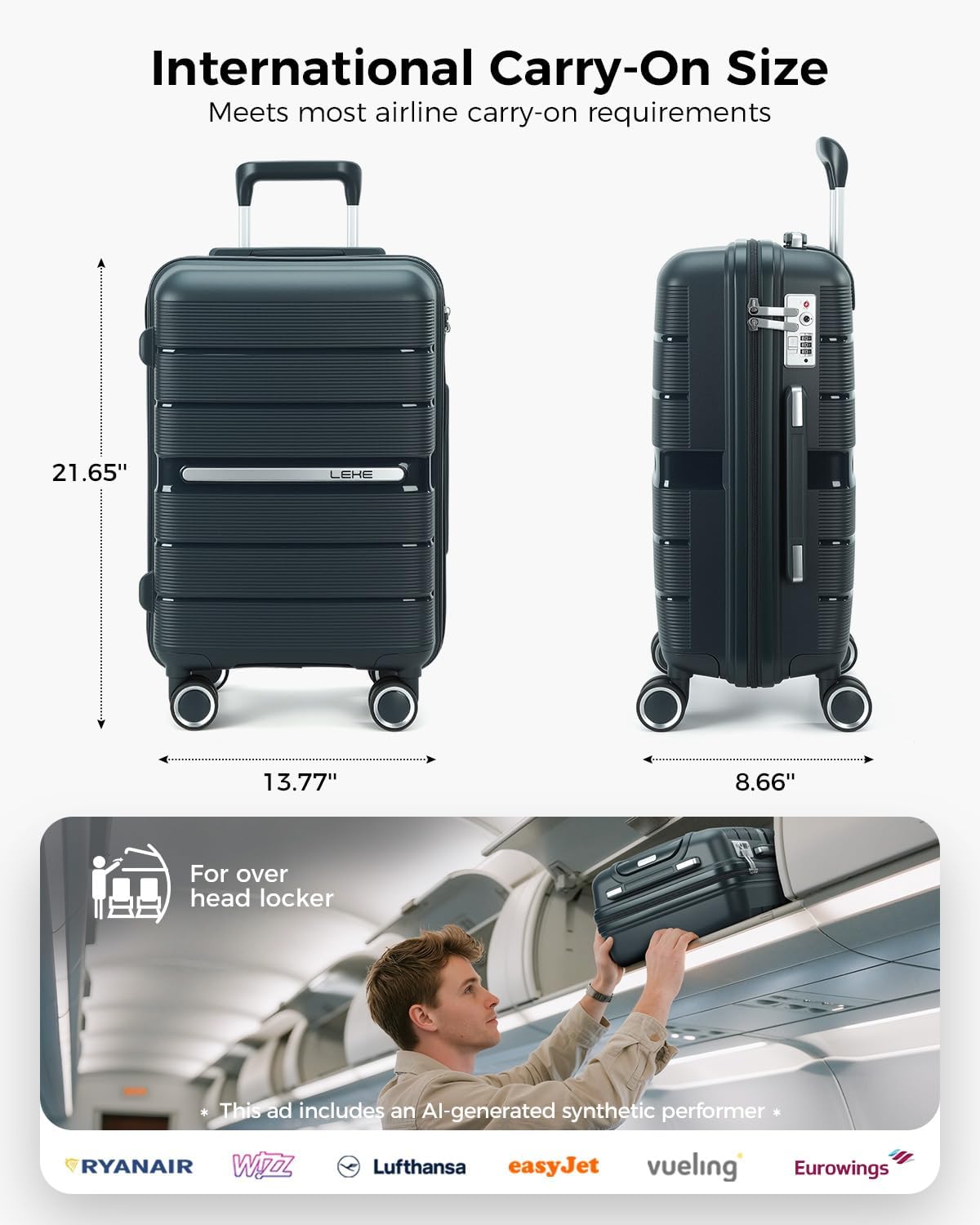 20 Inch Carry-on Luggage with Spinner Wheels, Hard Shell Suitcase with TSA Lock, Airline Approved, Rolling Suit Case for Travel Weekend Trips, Black Color