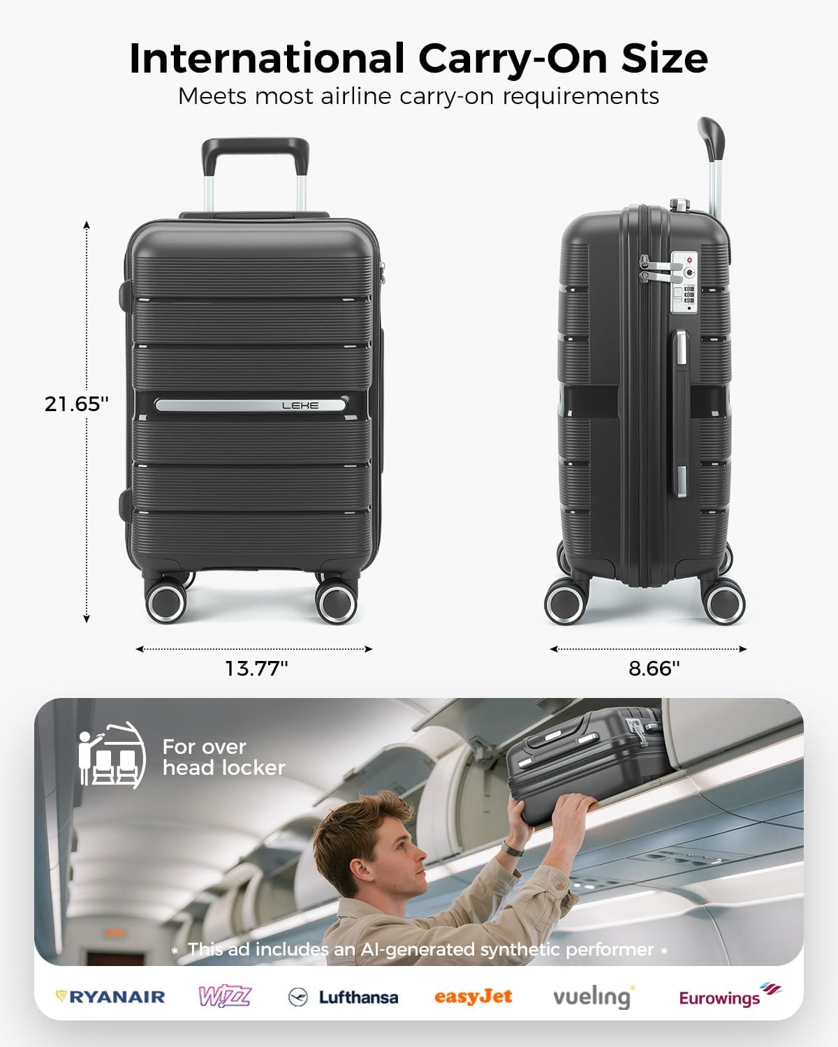 20 Inch Carry-on Luggage with Spinner Wheels, Hard Shell Suitcase with TSA Lock, Airline Approved, Rolling Suit Case for Travel Weekend Trips, Black Color