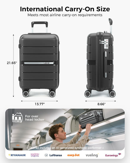 20 Inch Carry-on Luggage with Spinner Wheels, Hard Shell Suitcase with TSA Lock, Airline Approved, Rolling Suit Case for Travel Weekend Trips, Black Color