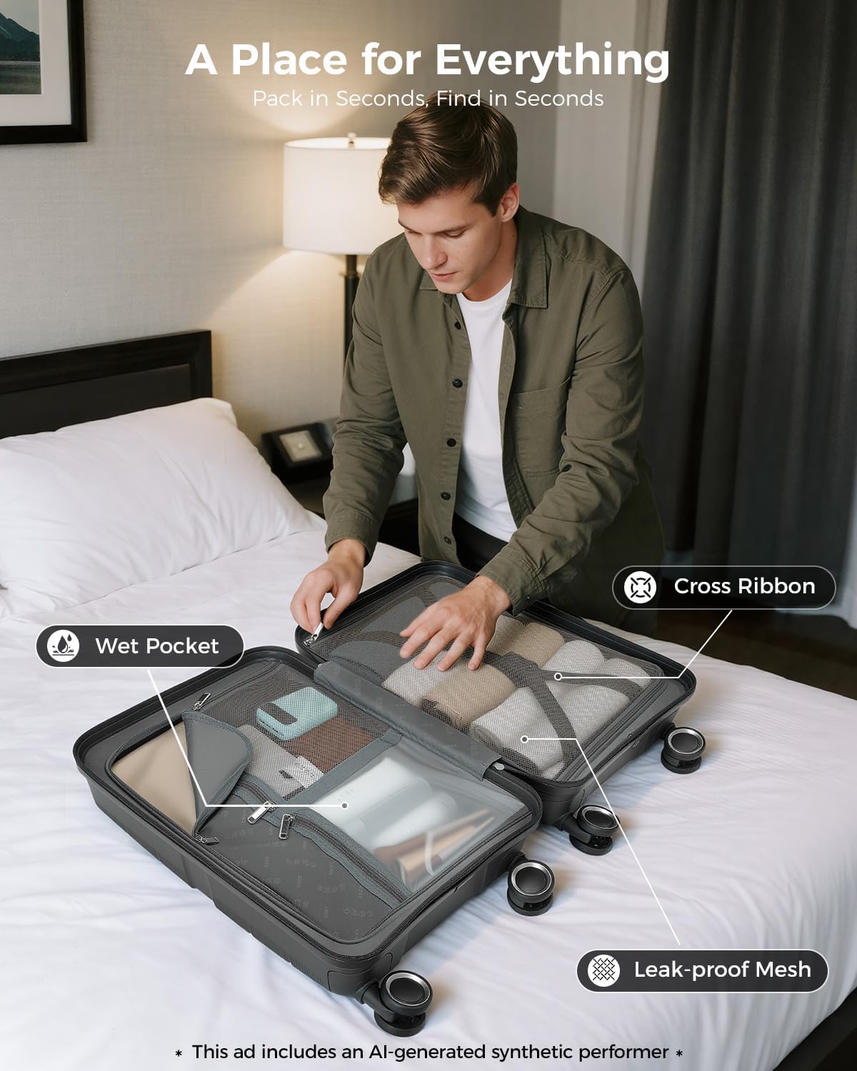 20 Inch Carry-on Luggage with Spinner Wheels, Hard Shell Suitcase with TSA Lock, Airline Approved, Rolling Suit Case for Travel Weekend Trips, Black Color