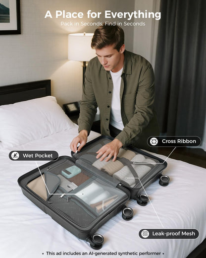 20 Inch Carry-on Luggage with Spinner Wheels, Hard Shell Suitcase with TSA Lock, Airline Approved, Rolling Suit Case for Travel Weekend Trips, Black Color
