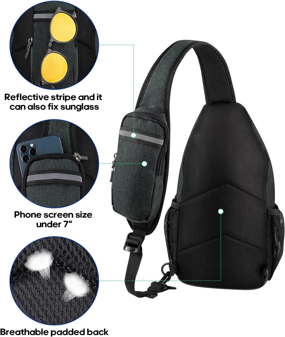 Crossbody Sling Backpack Sling Bag Travel Hiking Chest Bags Daypack (Teal blue) | Small Hiking bag,Multi-compartment storage,Water-resistant,Breathable back pad,Reversible adjustable shoulder strap