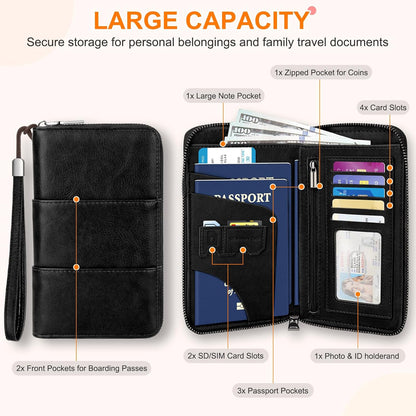 RFID Family Passport Holder Wallet - Travel Document Organizer | PU Leather, with Wristlet, Zipper, Cards, Boarding Pass, ID, Cash, Ticket Pockets,Travel Essentials Gifts for Women Men