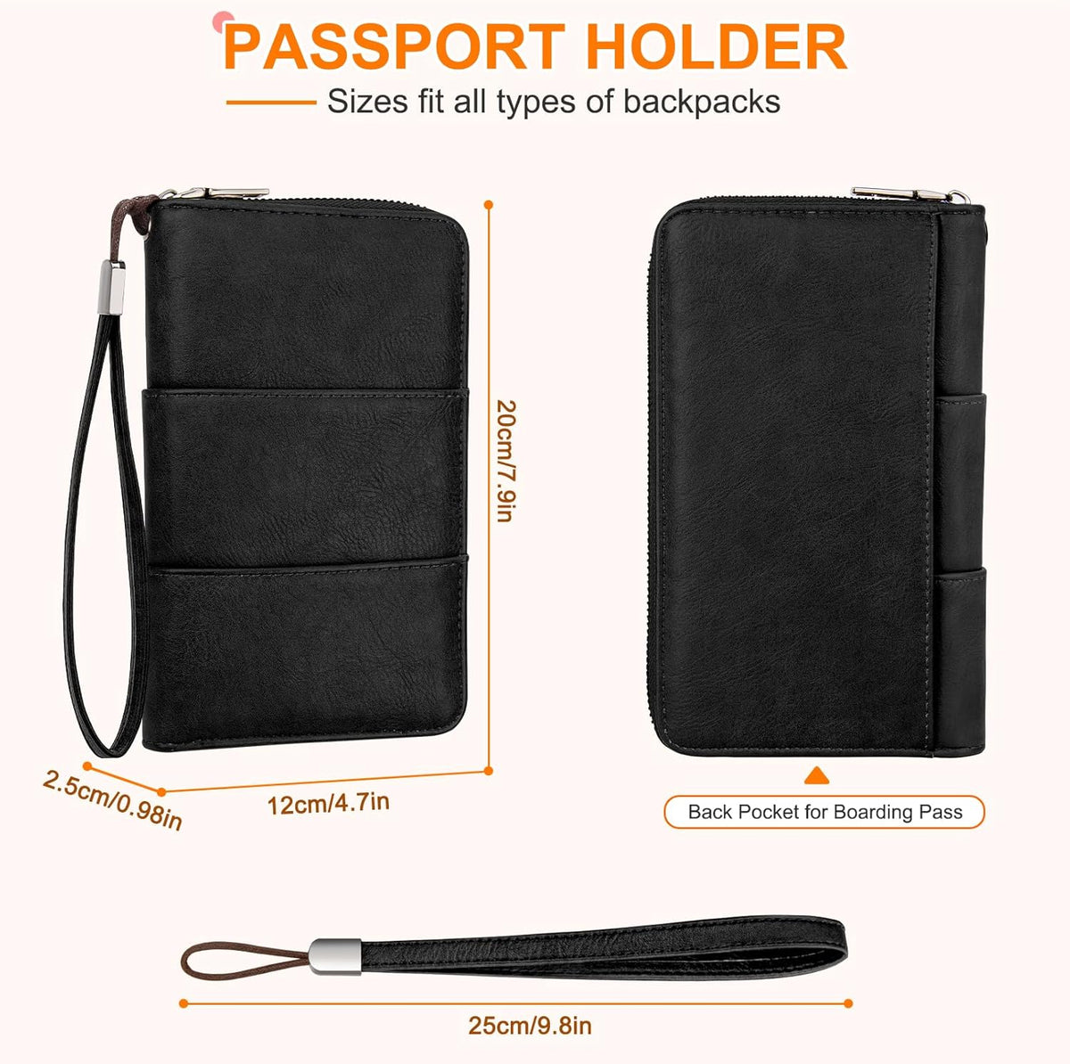 RFID Family Passport Holder Wallet - Travel Document Organizer | PU Leather, with Wristlet, Zipper, Cards, Boarding Pass, ID, Cash, Ticket Pockets,Travel Essentials Gifts for Women Men