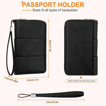 RFID Family Passport Holder Wallet - Travel Document Organizer | PU Leather, with Wristlet, Zipper, Cards, Boarding Pass, ID, Cash, Ticket Pockets,Travel Essentials Gifts for Women Men