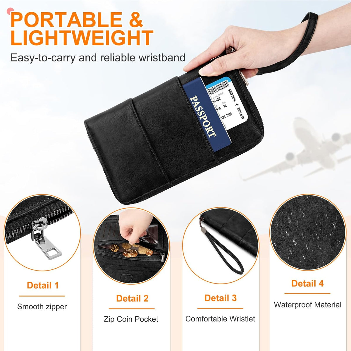 RFID Family Passport Holder Wallet - Travel Document Organizer | PU Leather, with Wristlet, Zipper, Cards, Boarding Pass, ID, Cash, Ticket Pockets,Travel Essentials Gifts for Women Men