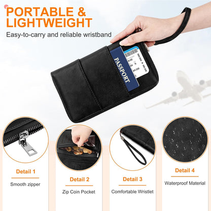 RFID Family Passport Holder Wallet - Travel Document Organizer | PU Leather, with Wristlet, Zipper, Cards, Boarding Pass, ID, Cash, Ticket Pockets,Travel Essentials Gifts for Women Men