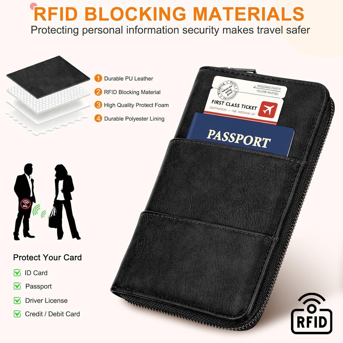 RFID Family Passport Holder Wallet - Travel Document Organizer | PU Leather, with Wristlet, Zipper, Cards, Boarding Pass, ID, Cash, Ticket Pockets,Travel Essentials Gifts for Women Men