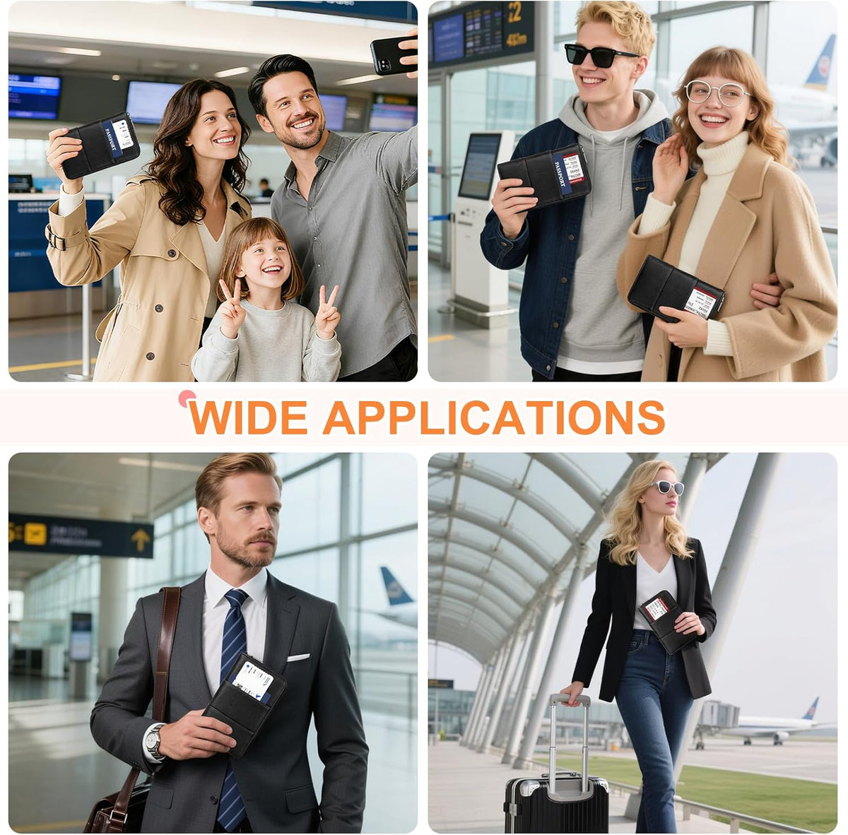 RFID Family Passport Holder Wallet - Travel Document Organizer | PU Leather, with Wristlet, Zipper, Cards, Boarding Pass, ID, Cash, Ticket Pockets,Travel Essentials Gifts for Women Men