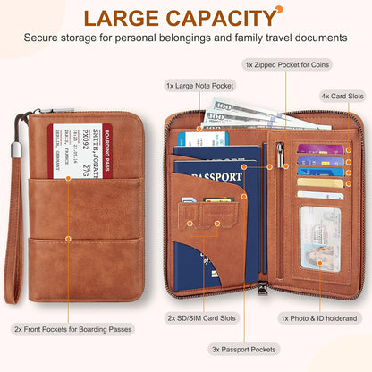 RFID Family Passport Holder Wallet - Travel Document Organizer | PU Leather, with Wristlet, Zipper, Cards, Boarding Pass, ID, Cash, Ticket Pockets,Travel Essentials Gifts for Women Men
