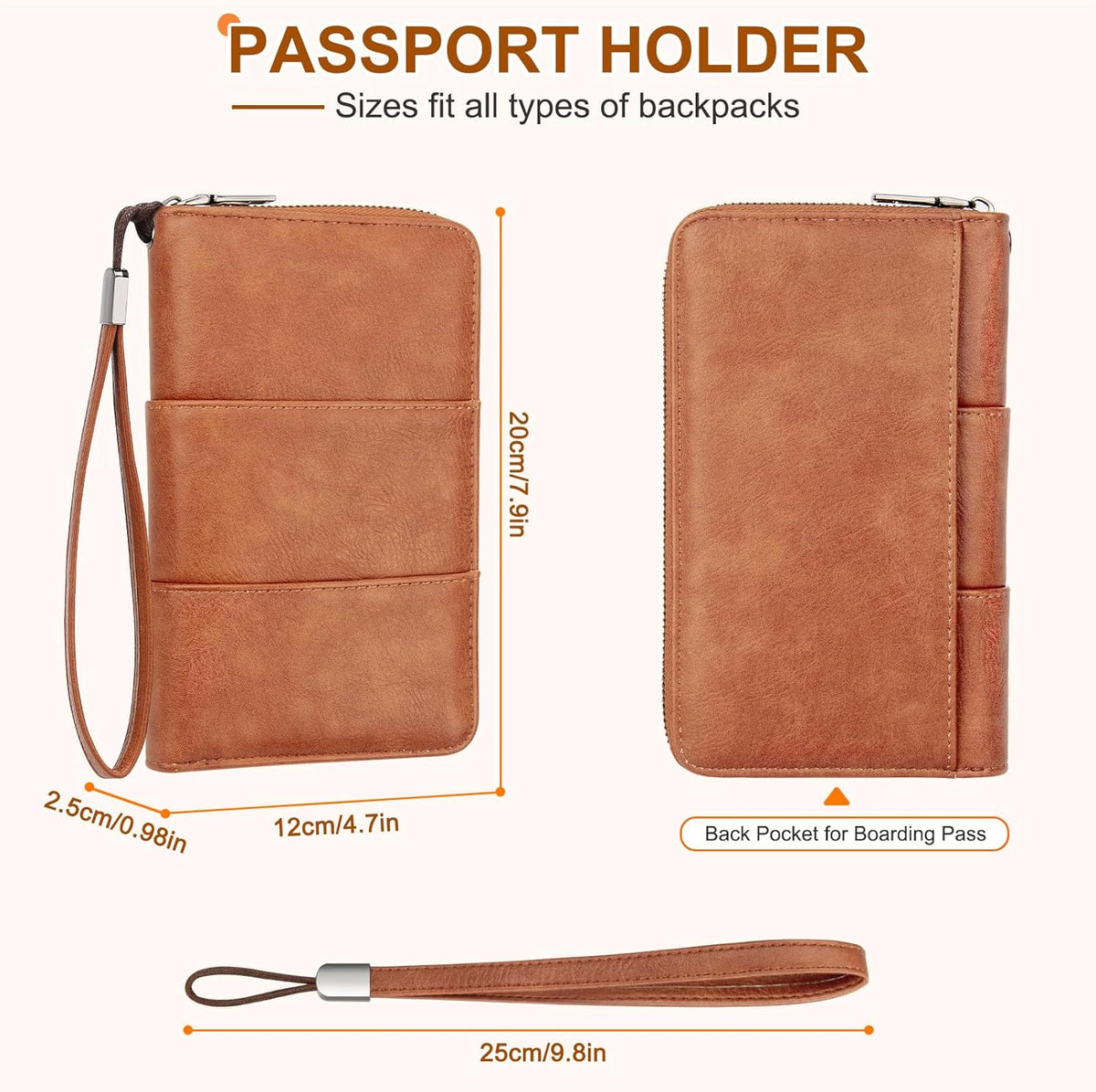 RFID Family Passport Holder Wallet - Travel Document Organizer | PU Leather, with Wristlet, Zipper, Cards, Boarding Pass, ID, Cash, Ticket Pockets,Travel Essentials Gifts for Women Men