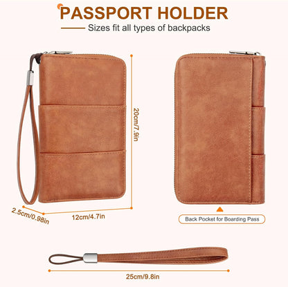 RFID Family Passport Holder Wallet - Travel Document Organizer | PU Leather, with Wristlet, Zipper, Cards, Boarding Pass, ID, Cash, Ticket Pockets,Travel Essentials Gifts for Women Men