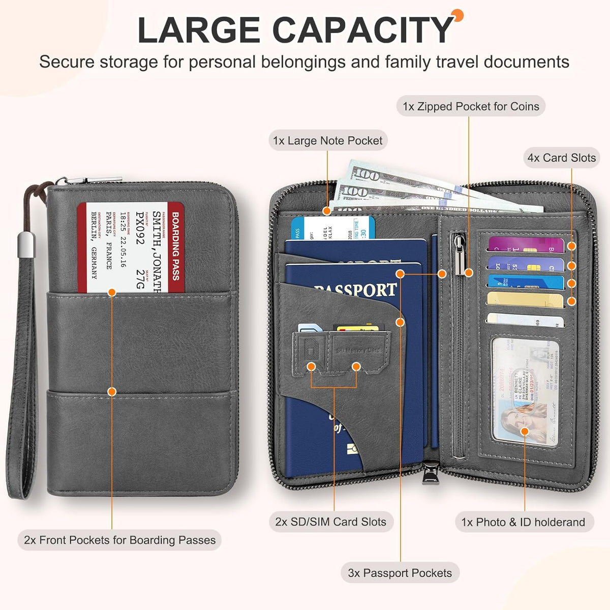 RFID Family Passport Holder Wallet - Travel Document Organizer | PU Leather, with Wristlet, Zipper, Cards, Boarding Pass, ID, Cash, Ticket Pockets,Travel Essentials Gifts for Women Men
