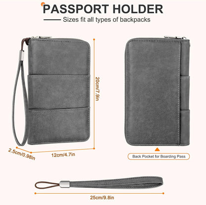 RFID Family Passport Holder Wallet - Travel Document Organizer | PU Leather, with Wristlet, Zipper, Cards, Boarding Pass, ID, Cash, Ticket Pockets,Travel Essentials Gifts for Women Men