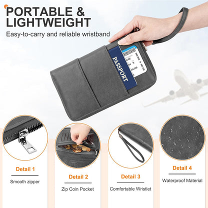 RFID Family Passport Holder Wallet - Travel Document Organizer | PU Leather, with Wristlet, Zipper, Cards, Boarding Pass, ID, Cash, Ticket Pockets,Travel Essentials Gifts for Women Men