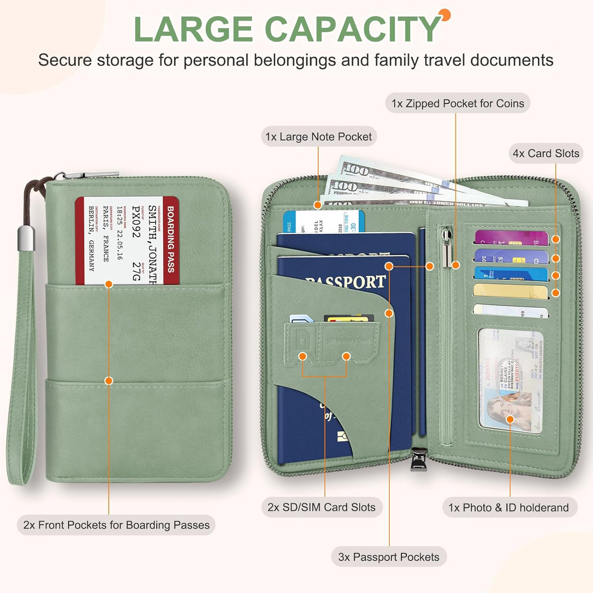 RFID Family Passport Holder Wallet - Travel Document Organizer | PU Leather, with Wristlet, Zipper, Cards, Boarding Pass, ID, Cash, Ticket Pockets,Travel Essentials Gifts for Women Men