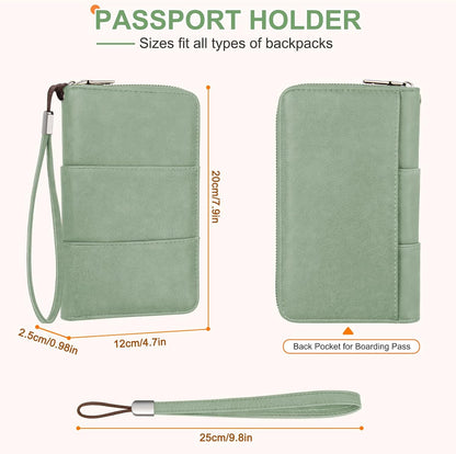 RFID Family Passport Holder Wallet - Travel Document Organizer | PU Leather, with Wristlet, Zipper, Cards, Boarding Pass, ID, Cash, Ticket Pockets,Travel Essentials Gifts for Women Men