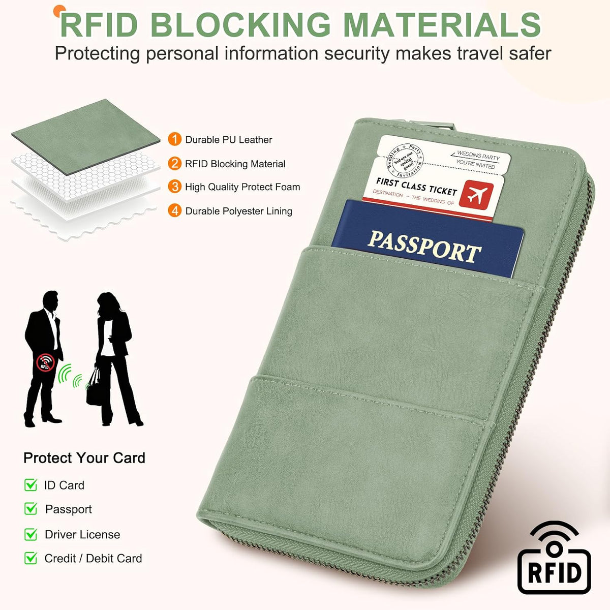 RFID Family Passport Holder Wallet - Travel Document Organizer | PU Leather, with Wristlet, Zipper, Cards, Boarding Pass, ID, Cash, Ticket Pockets,Travel Essentials Gifts for Women Men