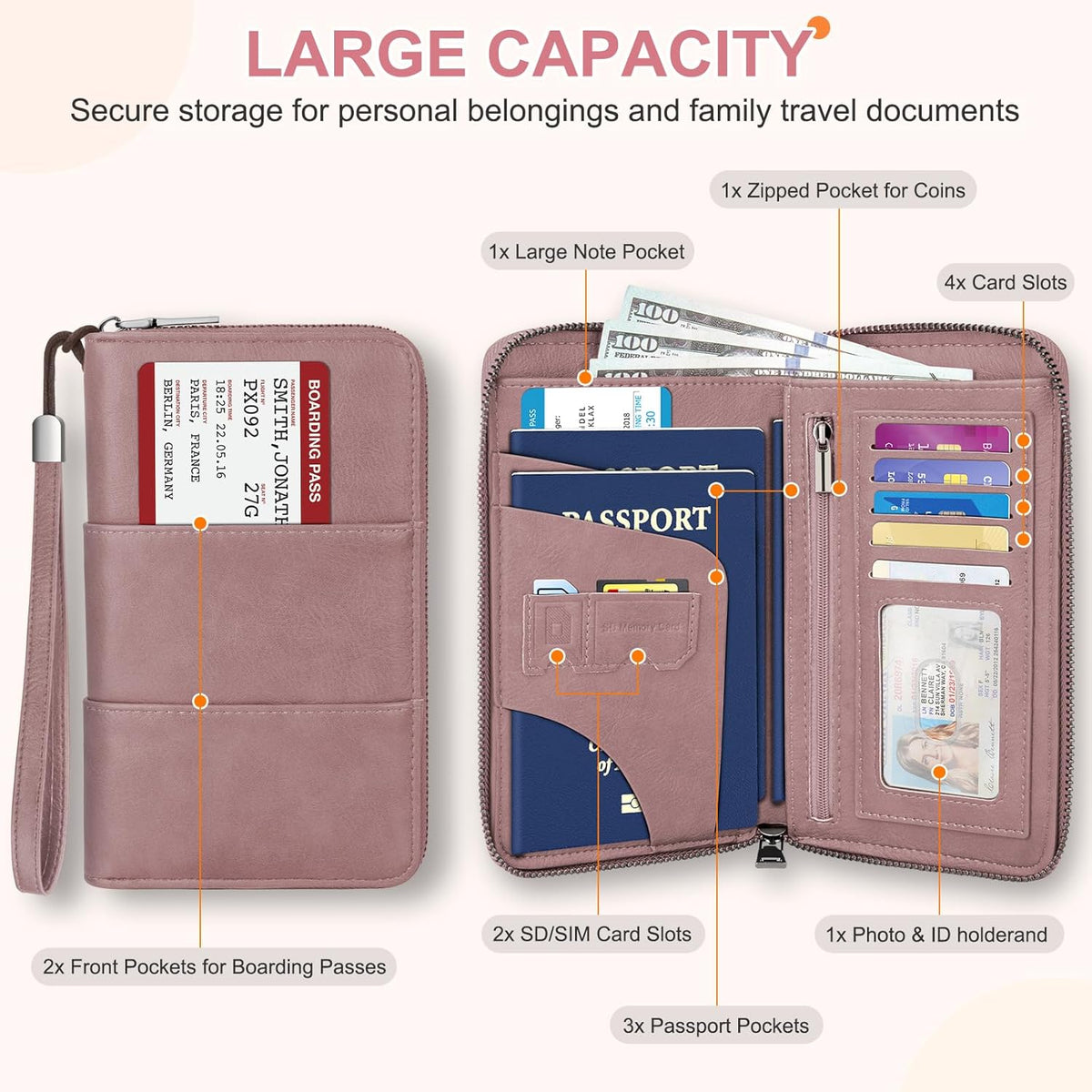 RFID Family Passport Holder Wallet - Travel Document Organizer | PU Leather, with Wristlet, Zipper, Cards, Boarding Pass, ID, Cash, Ticket Pockets,Travel Essentials Gifts for Women Men