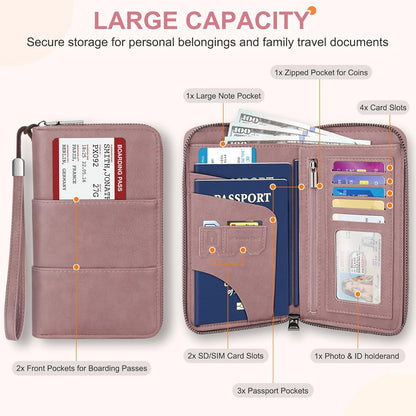 RFID Family Passport Holder Wallet - Travel Document Organizer | PU Leather, with Wristlet, Zipper, Cards, Boarding Pass, ID, Cash, Ticket Pockets,Travel Essentials Gifts for Women Men
