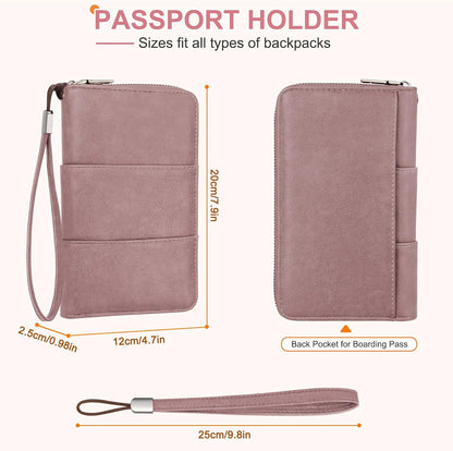 RFID Family Passport Holder Wallet - Travel Document Organizer | PU Leather, with Wristlet, Zipper, Cards, Boarding Pass, ID, Cash, Ticket Pockets,Travel Essentials Gifts for Women Men