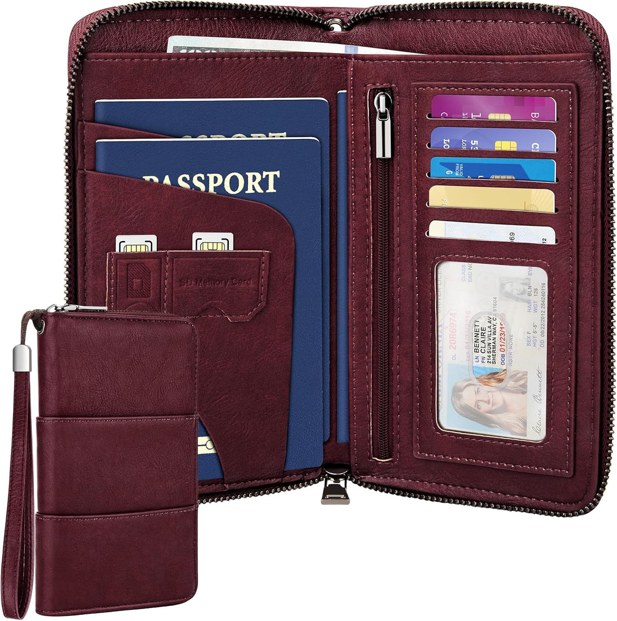 RFID Family Passport Holder Wallet - Travel Document Organizer | PU Leather, with Wristlet, Zipper, Cards, Boarding Pass, ID, Cash, Ticket Pockets,Travel Essentials Gifts for Women Men