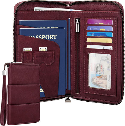 RFID Family Passport Holder Wallet - Travel Document Organizer | PU Leather, with Wristlet, Zipper, Cards, Boarding Pass, ID, Cash, Ticket Pockets,Travel Essentials Gifts for Women Men